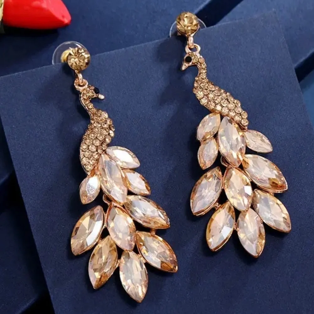 Peacock Statement Dangle Earrings Sparkly Rhinestone Glam I NWT